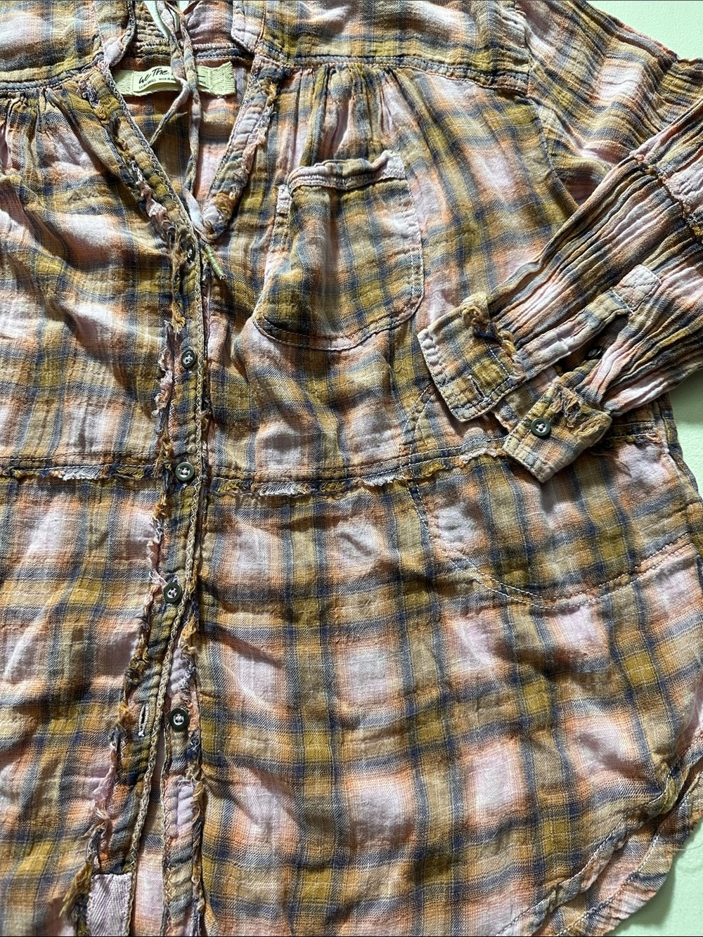 We The Free Plaid Button-Up Top in Mustard, Pink & Brown - Picture 3 of 6